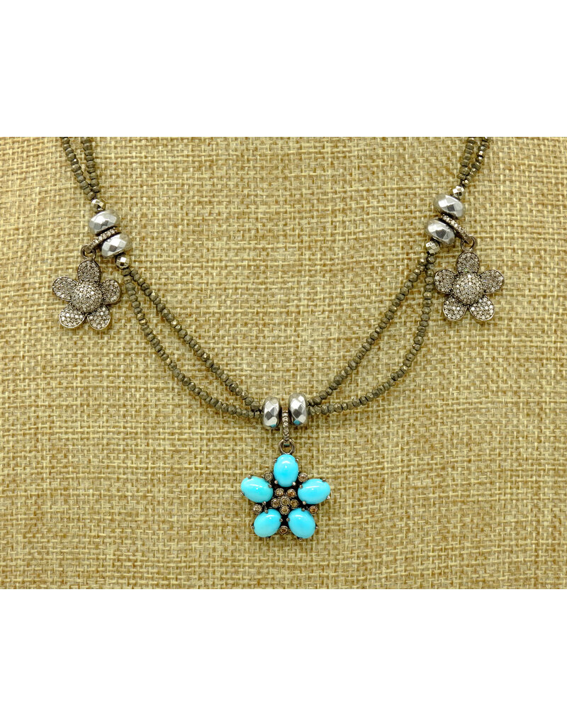Gildas Gewels SP102 Turq./Diam Flwr. w/ Side Diam Flowers, Diam Clasp