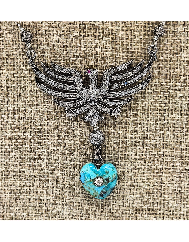 Gildas Gewels GG-N255 Firebird Necklace with Pave Diamonds and Turq Heart
