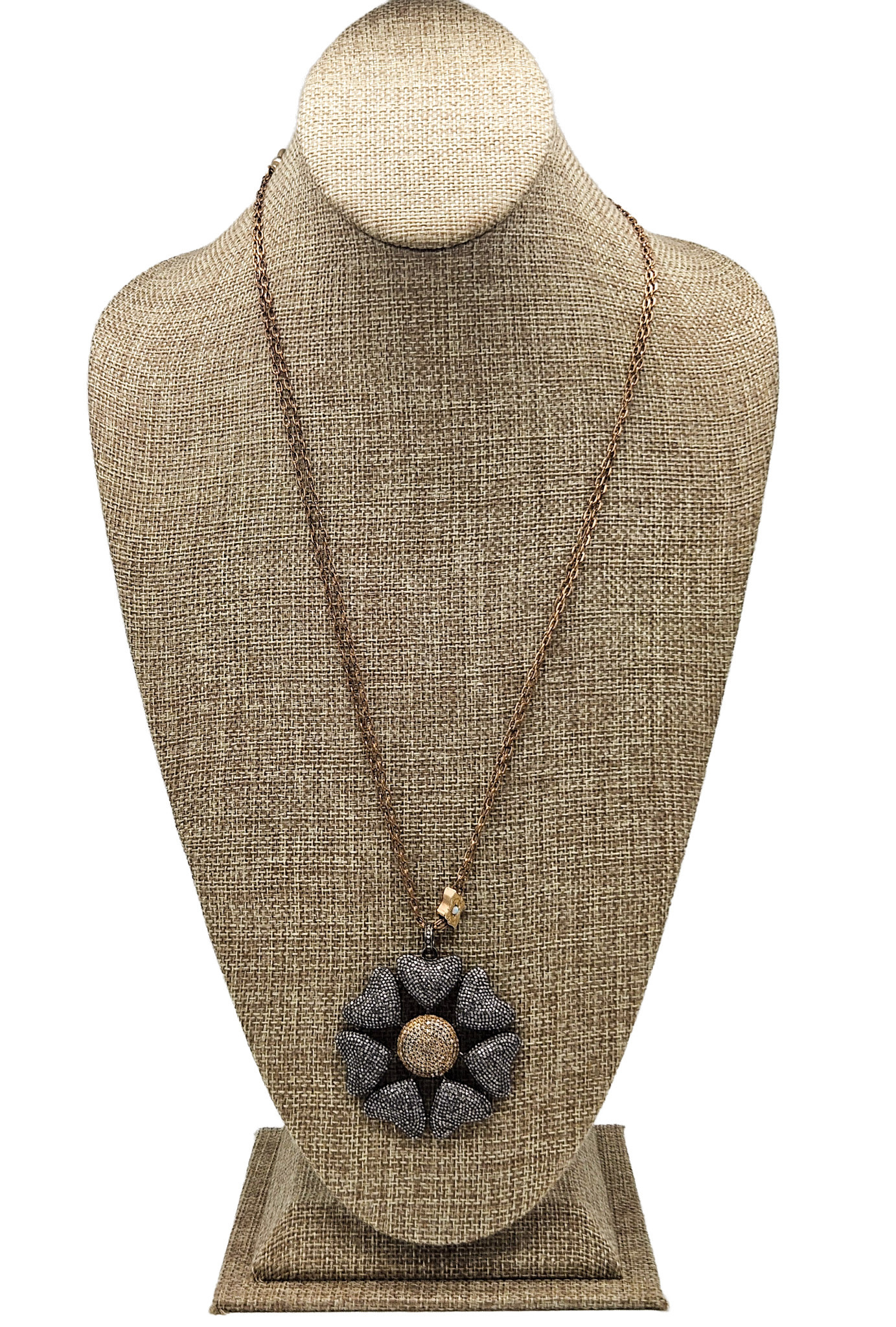 Gildas Gewels GG-N102 Pave Diamond Flower on Vintage Chain Necklace