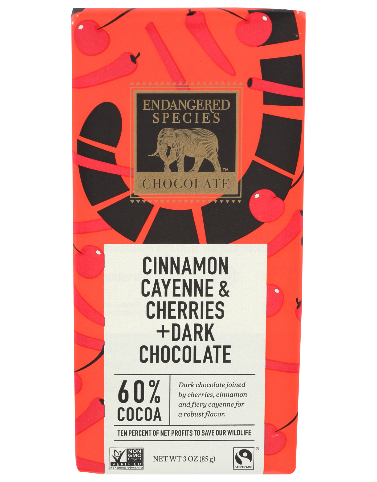 X Endangered Species Cinnamon Cayenne & Cherries Dark Chocolate 3 oz