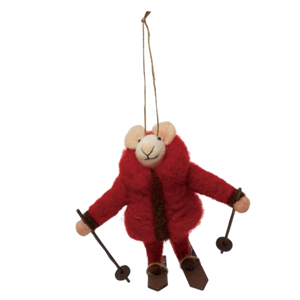 Red Wool Felt Skiing Mouse Ornament