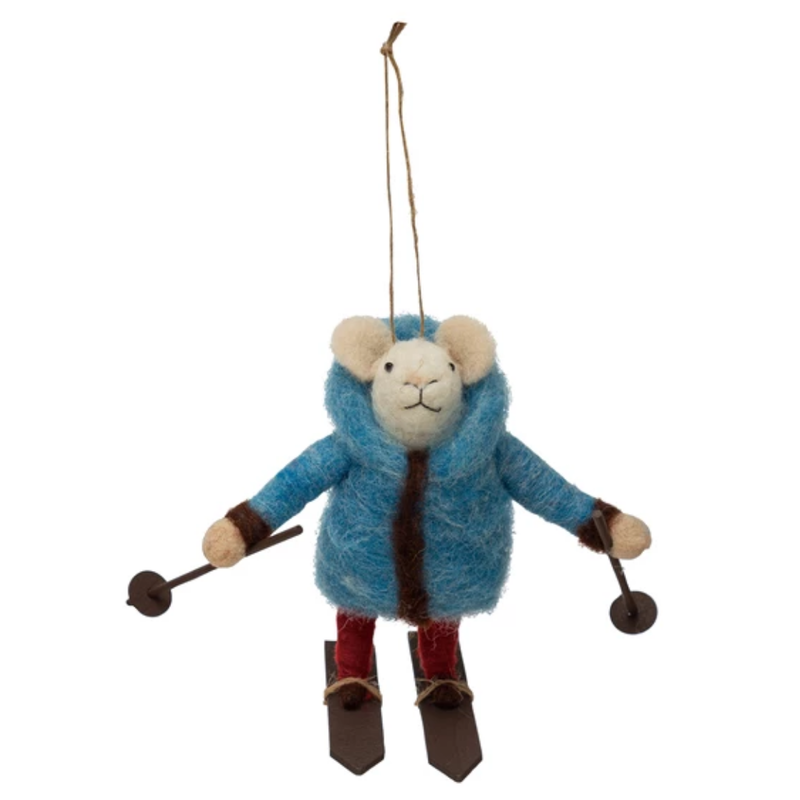 Blue Wool Felt Skiing Mouse Ornament