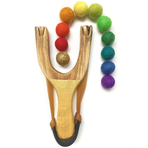 Little Lark Wooden Slingshot - Gold Handle with Gold Rainbow Felt Balls