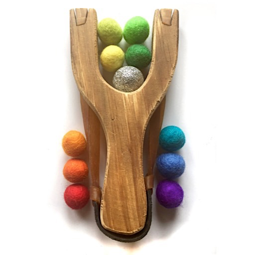 Little Lark Little Lark Wooden Slingshot - Unpainted Handle with Rainbow Gold Felt Balls