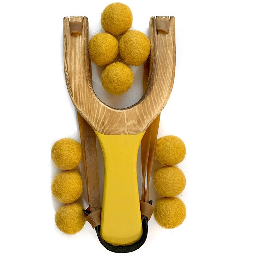 Little Lark Wooden Slingshot - Mustard Handle with Mustard Felt Balls