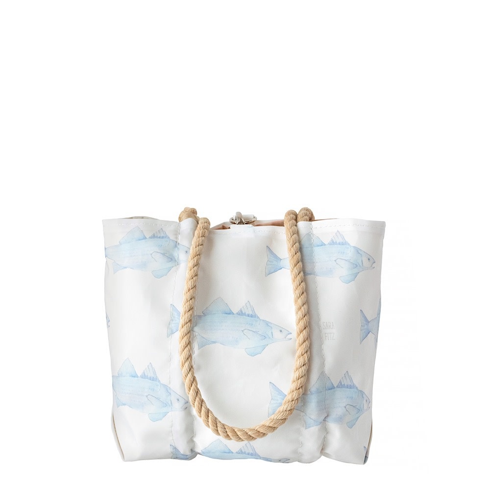 Sea Bags Sea Bags - Sara Fitz - Small Handbag Tote - Blue Fish - Hemp Handle with Clasp