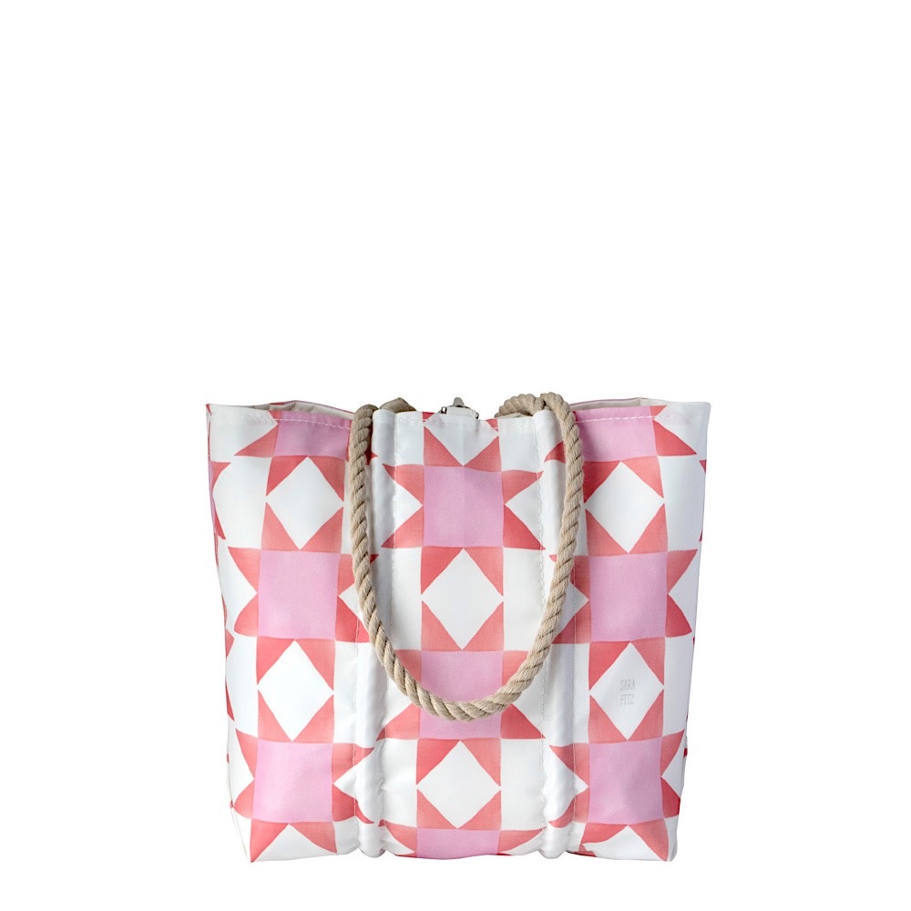 Sea Bags x Sara Fitz - Red Pink Quilt - Small Handbag Tote - Hemp Handle with Clasp