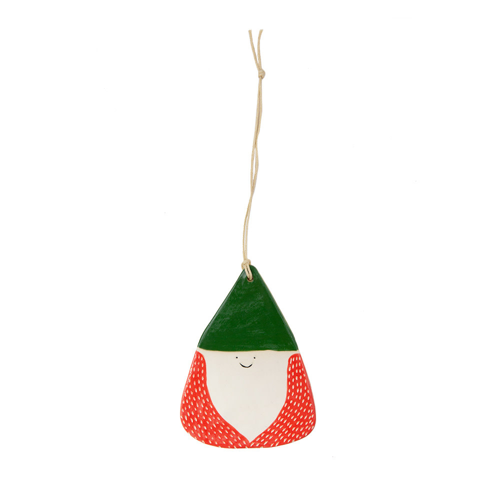 Kate Martens - Ceramic Gnome Ornament - Stoneware Green Hat Red Coat