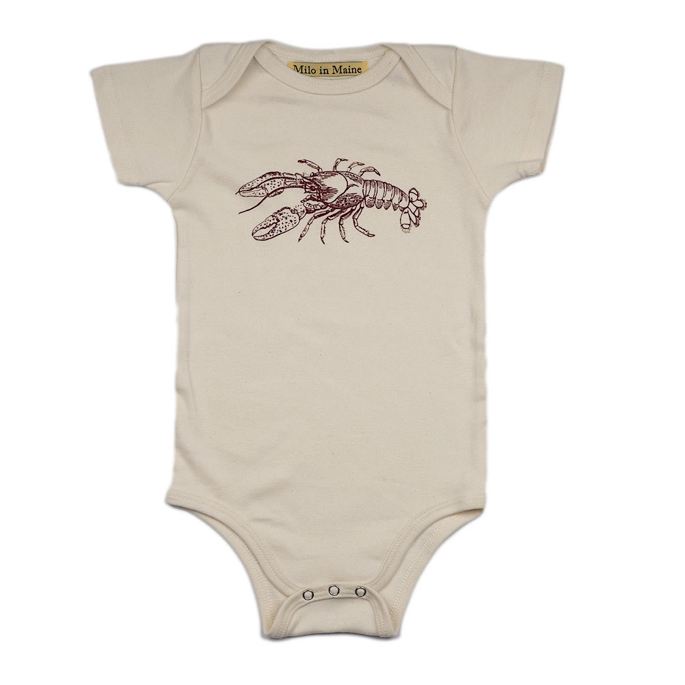 Milo In Maine Baby Onesie - Lobster - Red on Natural Organic Cotton