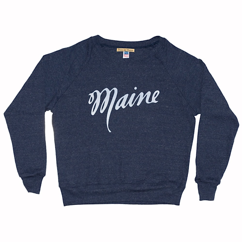 Milo In Maine Women's Long Sleeve Script Raglan Pullover - Navy with White Maine