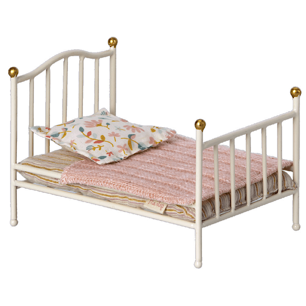 Maileg Mouse Vintage Bed - Off White with Pink Blanket