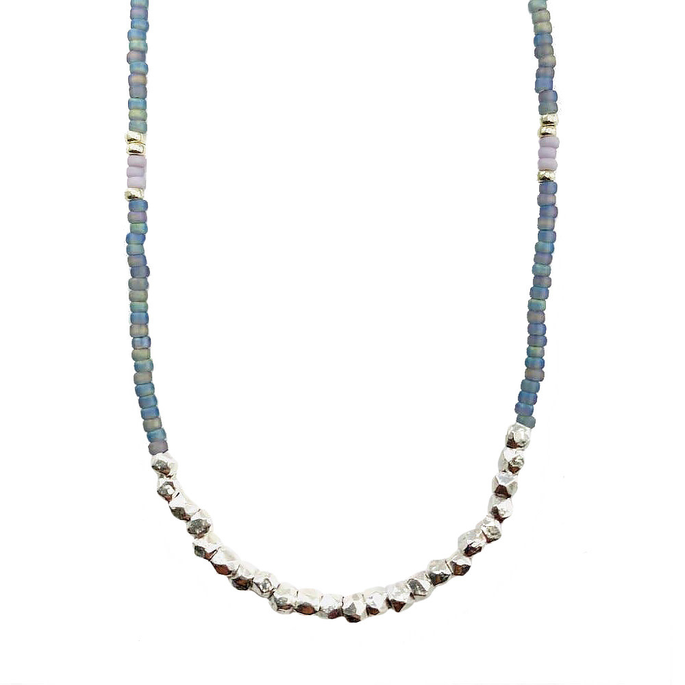 Sarah Crawford Handcrafted Sarah Crawford - Beaded Necklace - Gray with Sterling Silver Nugget Band 17"