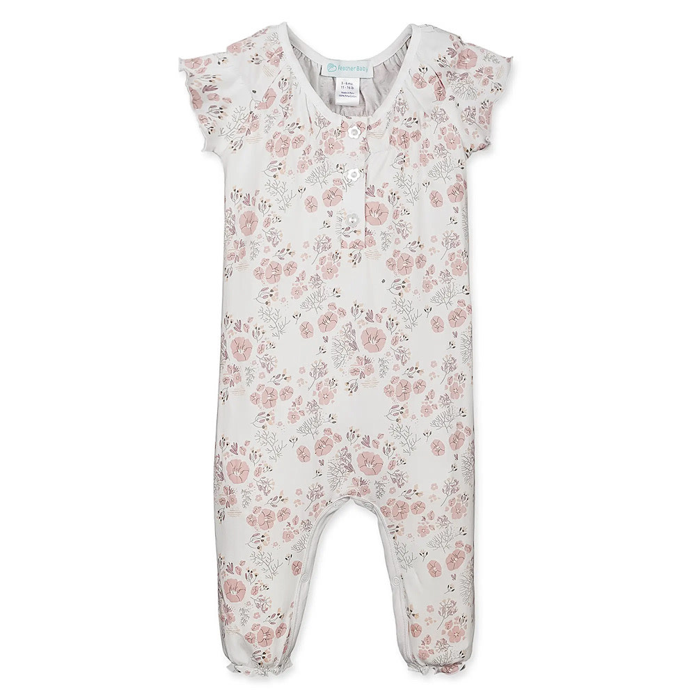 Feather Baby Ruched Romper - Maria - Pink on White