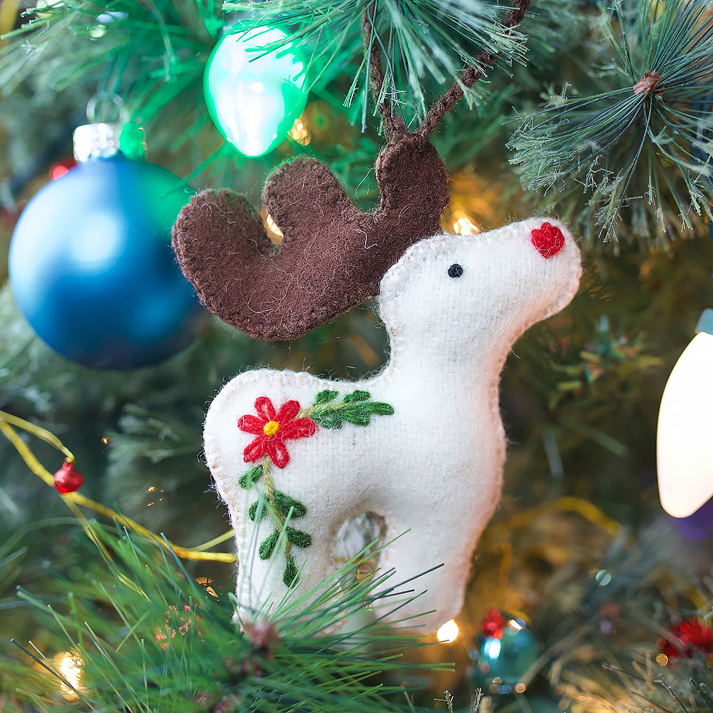 Reindeer Embroidered Wool Ornament