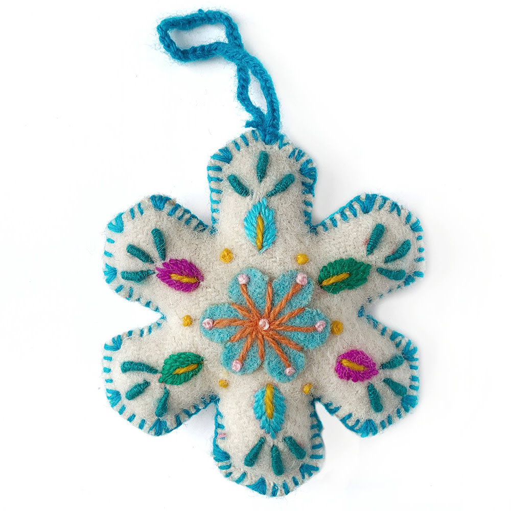 Snowflake Embroidered Wool Ornament - Blue