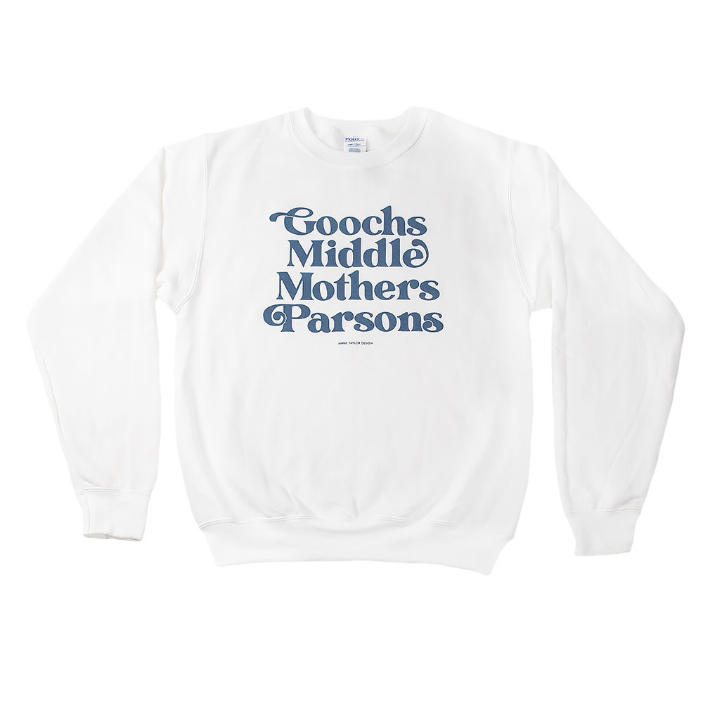 Annie Taylor Beaches Crewneck - White with Blue Lettering