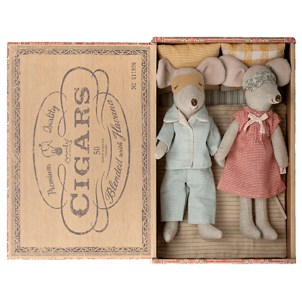 Maileg Mouse - Mum & Dad in Cigarbox - Red & Blue Pajamas