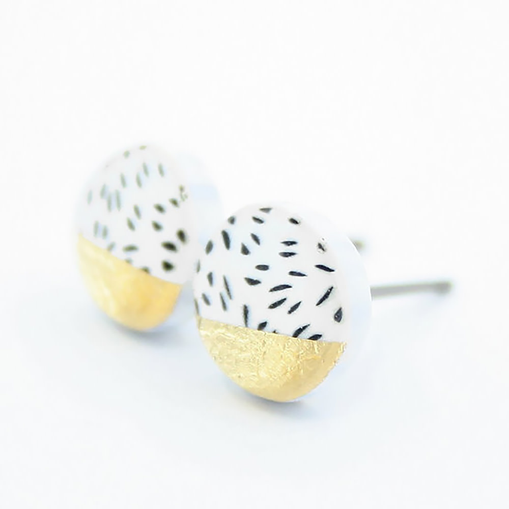 Clay N Wire Stud Earrings - Flecked White and Gold