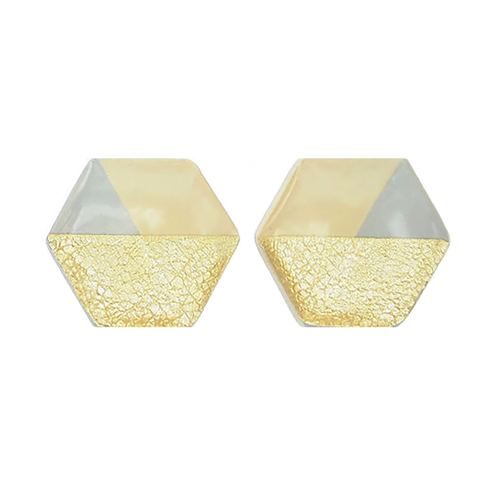 Clay N Wire Stud Earrings - Beige Grey and Gold Hexagon