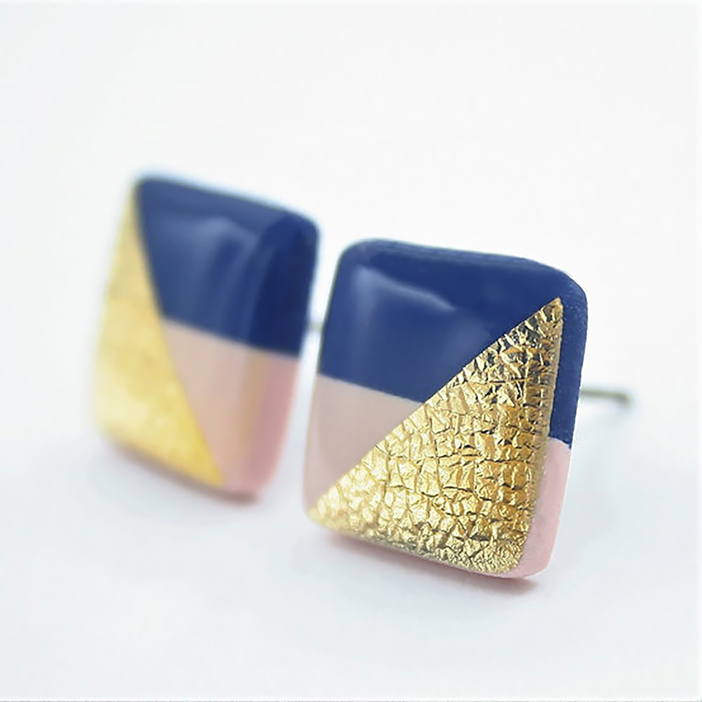 Clay N Wire Stud Earrings - Geometric Navy, Pink and Gold Square