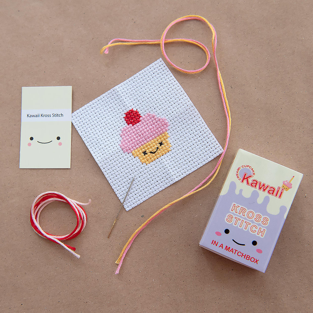 Mini Cross Stitch Kit In A Matchbox - Kawaii Cupcake