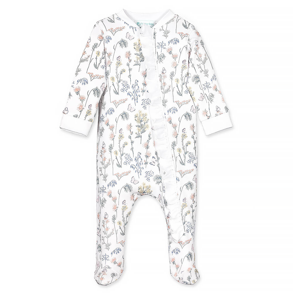 Feather Baby Zipper Footie with Ruffle - Butterflies & Wildflowers on White