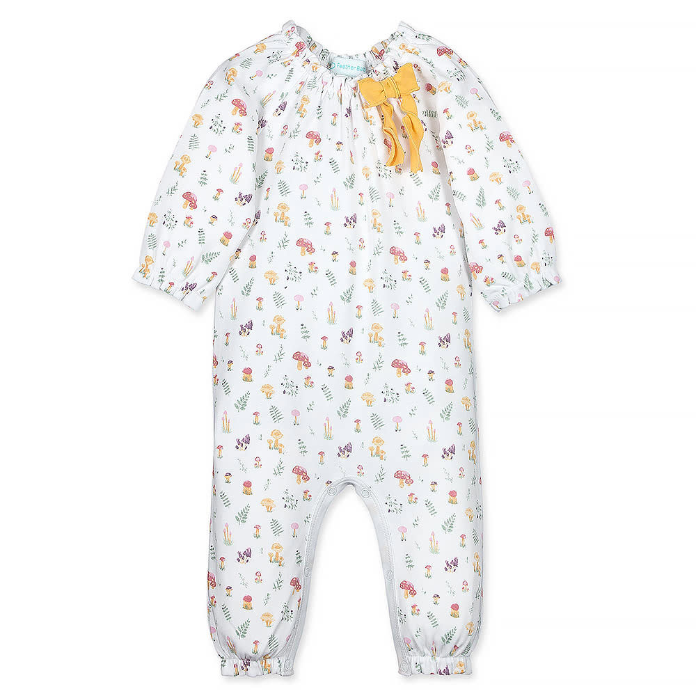 Feather Baby Bow Romper - Mushrooms & Rosemary on White