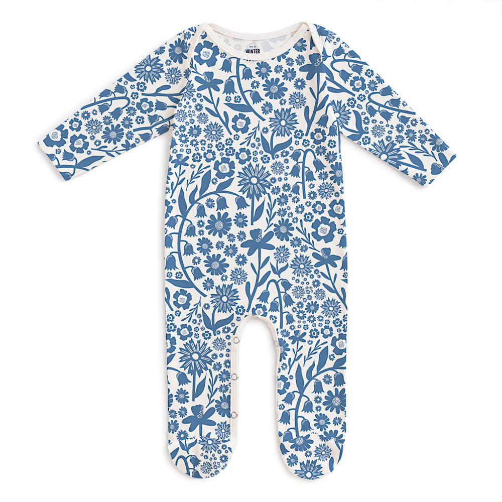 Winter Water Factory Long Sleeve Footed Romper - Dutch Floral Delft Blue
