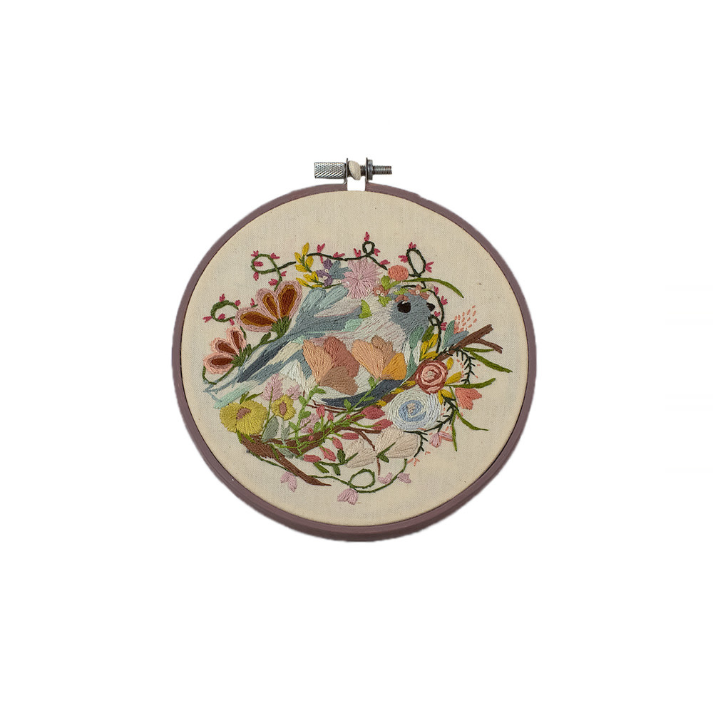 Stitched On Langsford Embroidery Hoop -  Bird Buried in Flowers