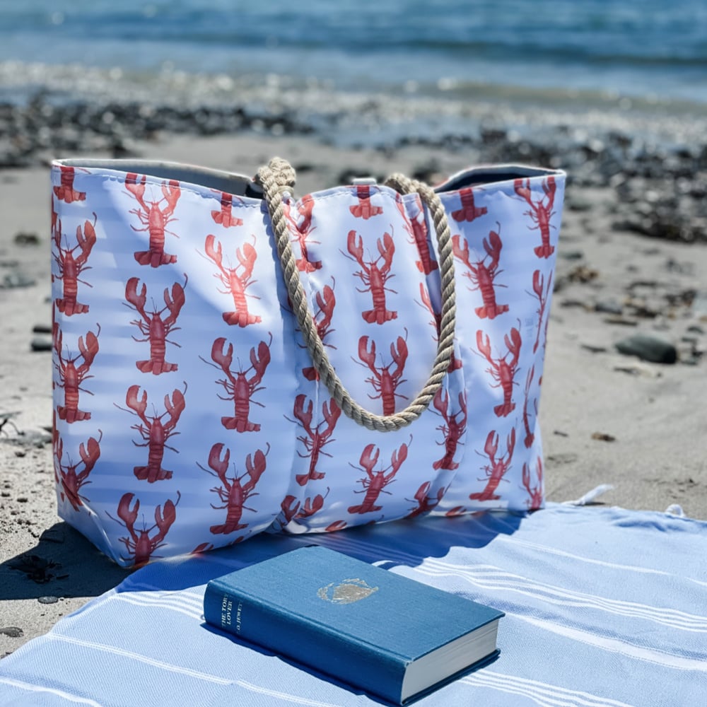 Sea Bags Sara Fitz Lobster Pattern Tote - Hemp Handle - Large with Clasp