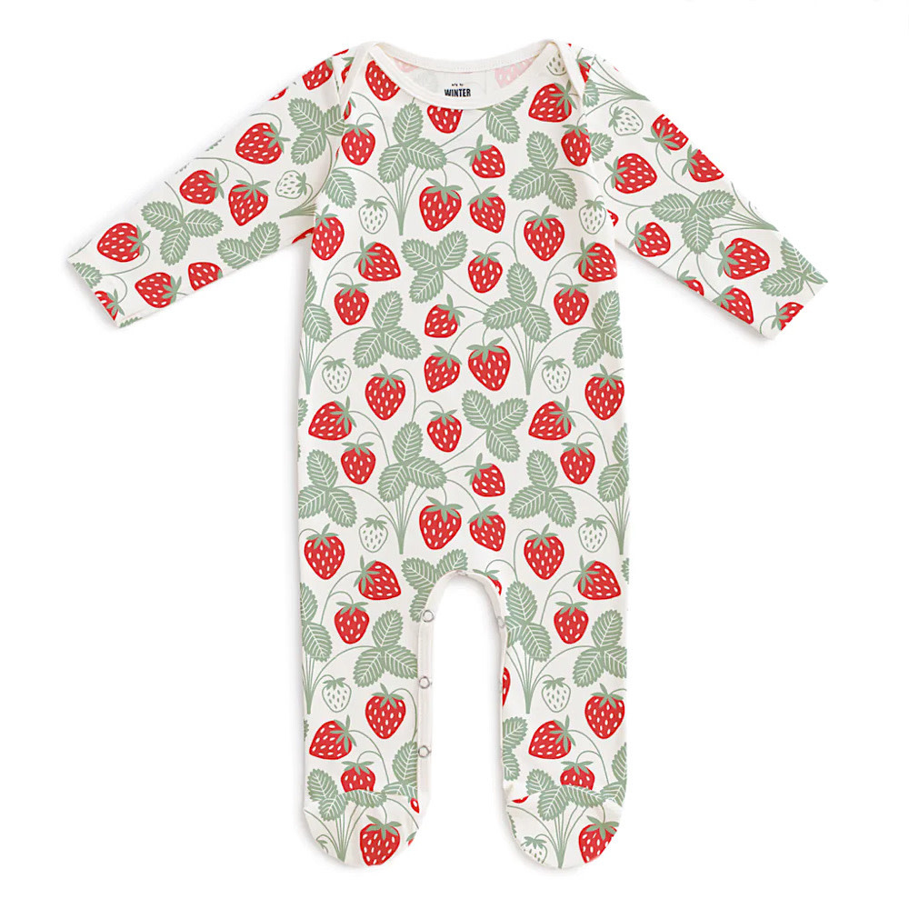 Winter Water Factory Long Sleeve Footed Romper - Strawberries Red & Green