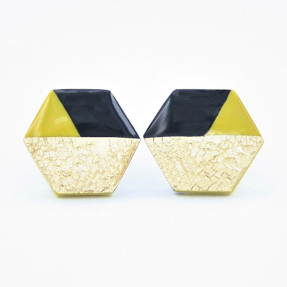 Clay N Wire Stud Earrings - Black Gold and Chartreuse Hexagon