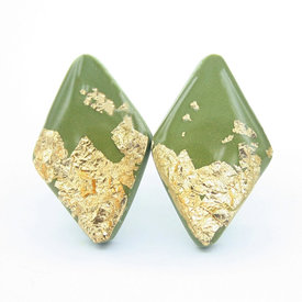 Clay N Wire Clay N Wire Stud Earrings - Olive Green and Gold Flake Diamond