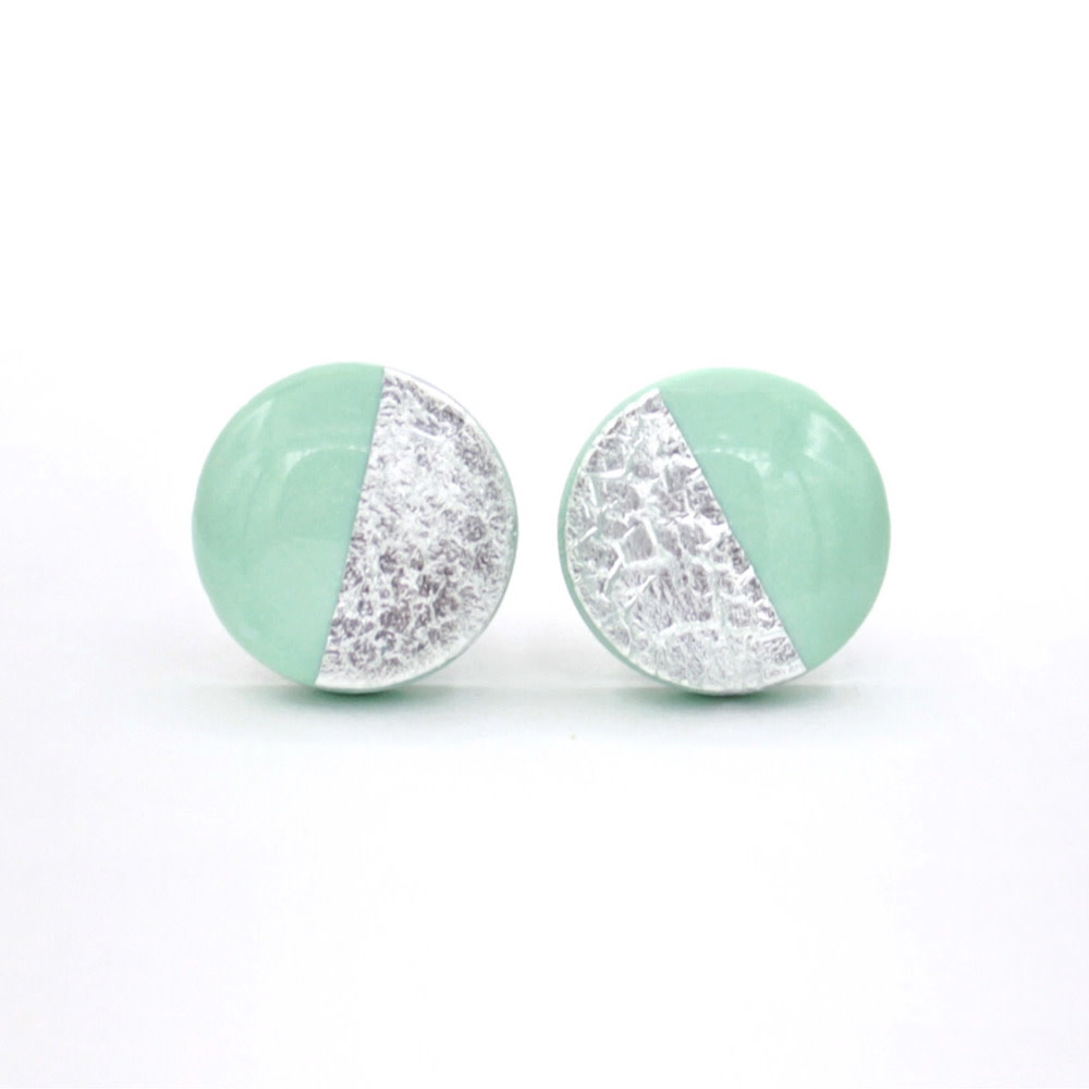 Clay N Wire Stud Earrings - Seafoam and Silver Circle