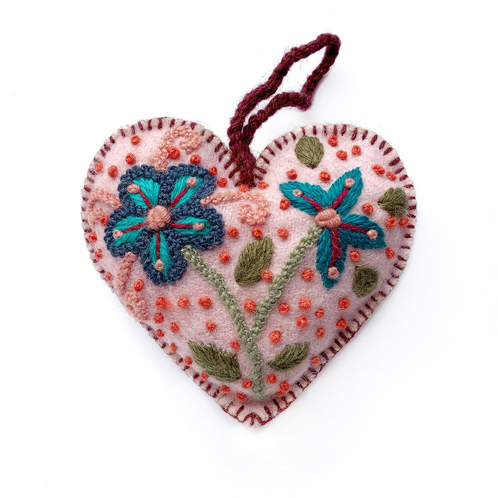 Pink Floral Heart Embroidered Wool Ornament
