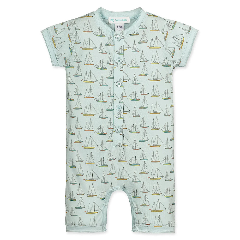 Feather Baby Henley Romper - Sailing Yachts in Aqua
