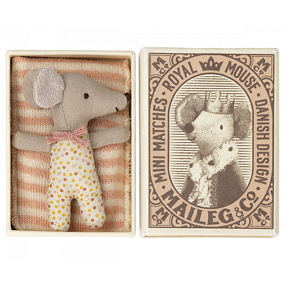 Maileg Maileg Mouse - Baby Girl in Box - Sleepy Wakey - Rose Polka Dots