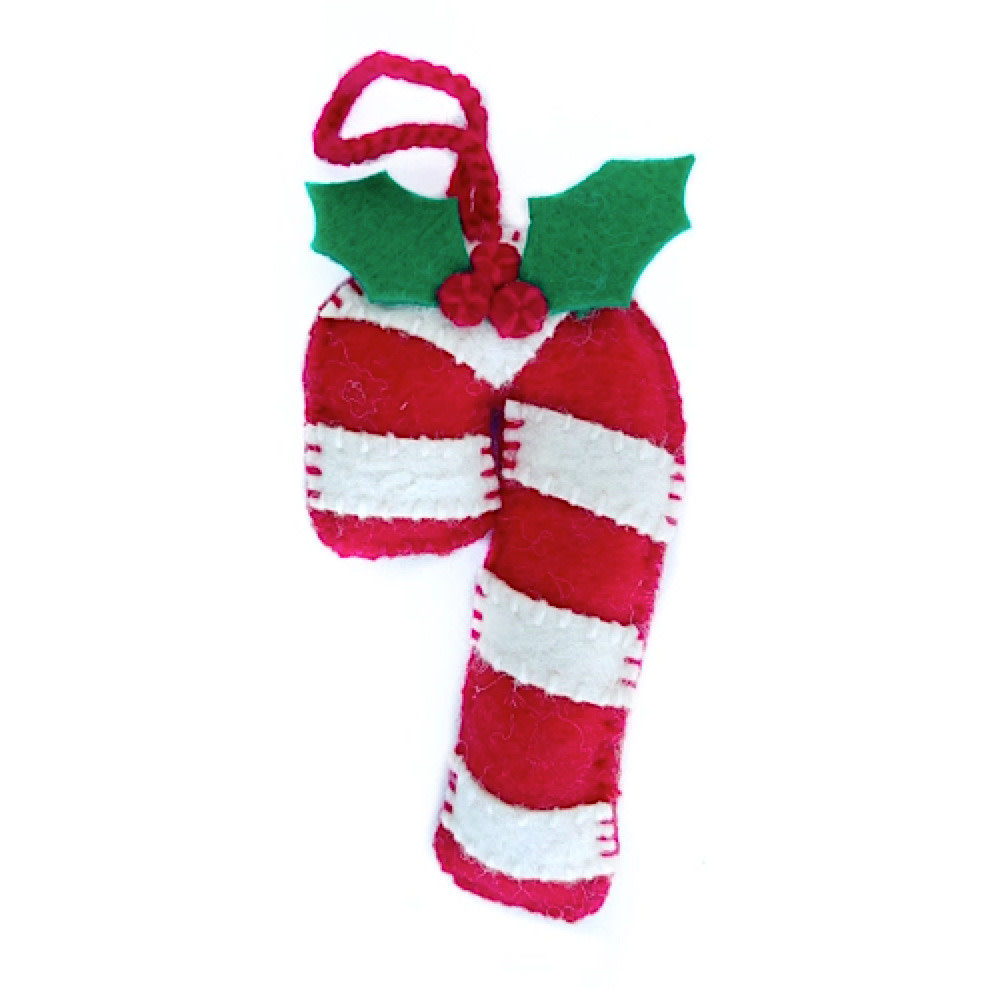 Ornaments 4 Orphans Candy Cane with Holly Embroidered Wool Ornament