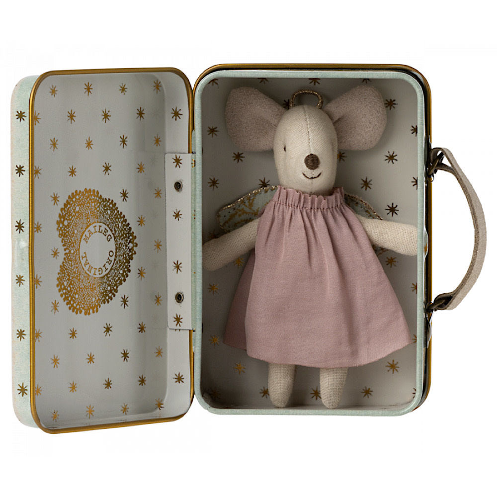 Maileg Guardian Angel Mouse in Blue Suitcase
