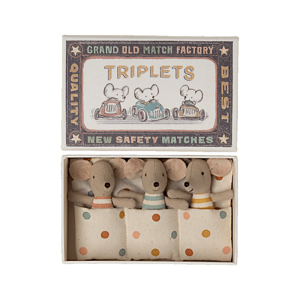 Maileg Maileg Mouse - Baby Triplet Mice in Matchbox - Striped Pajamas