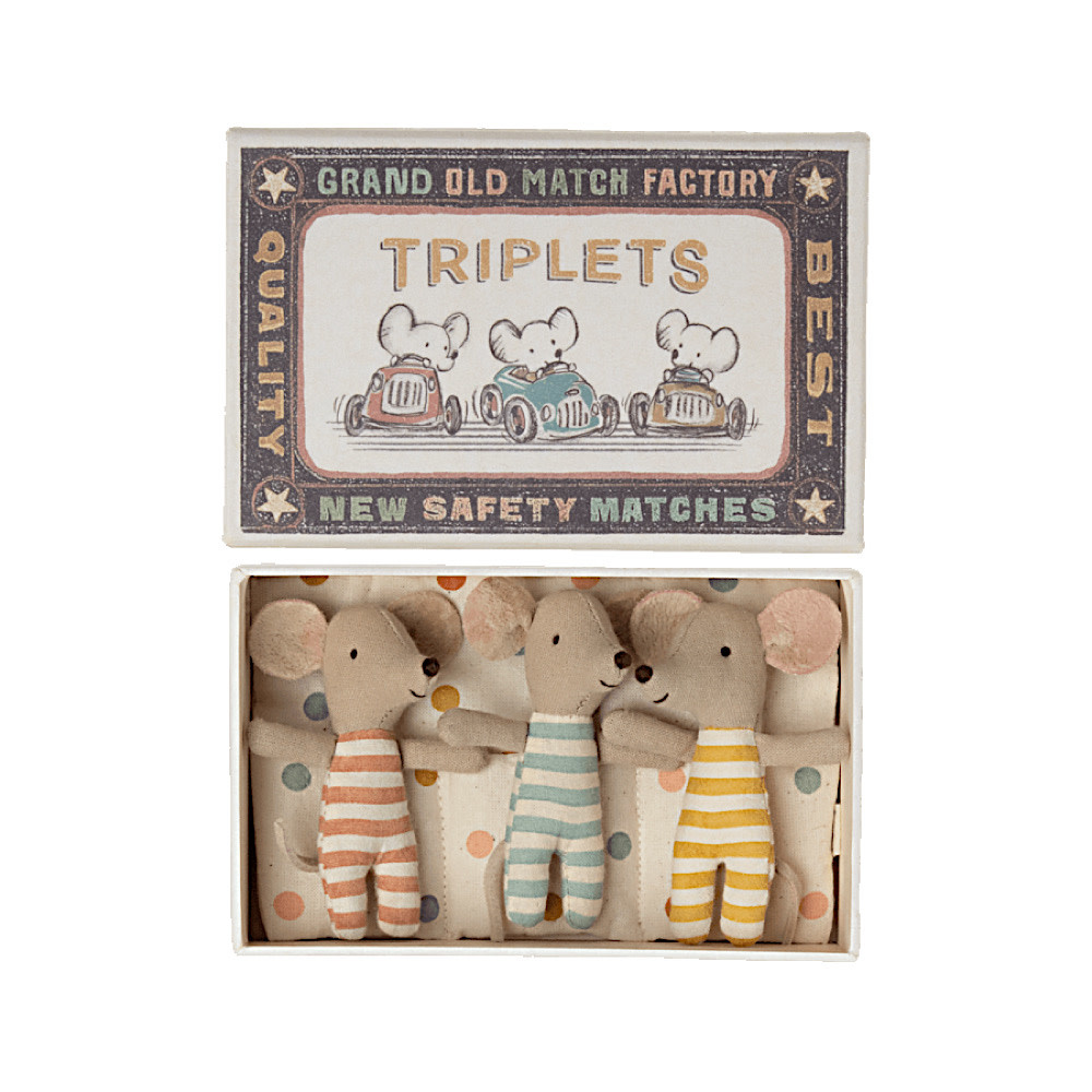 Maileg Mouse - Baby Triplet Mice in Matchbox - Striped Pajamas