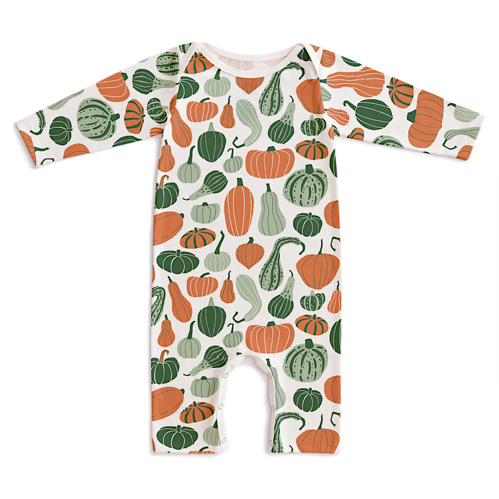 Winter Water Factory Long Sleeve Romper - Gourds & Pumpkins Green & Orange