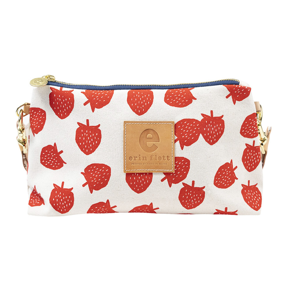 Erin Flett Jen Bag - Strawberries - Navy Zip with Denim Strap
