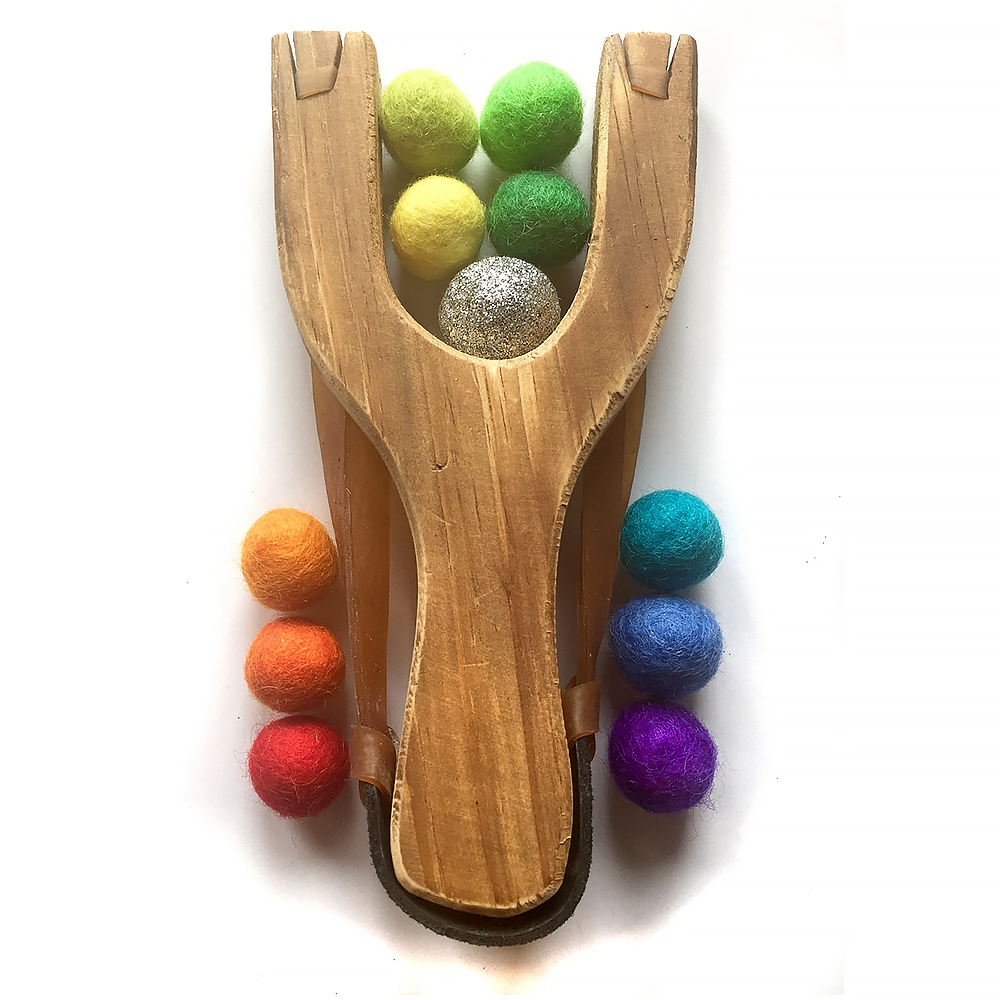 Little Lark Wooden Slingshot - Natural Handle with Gold Rainbow Felt Balls