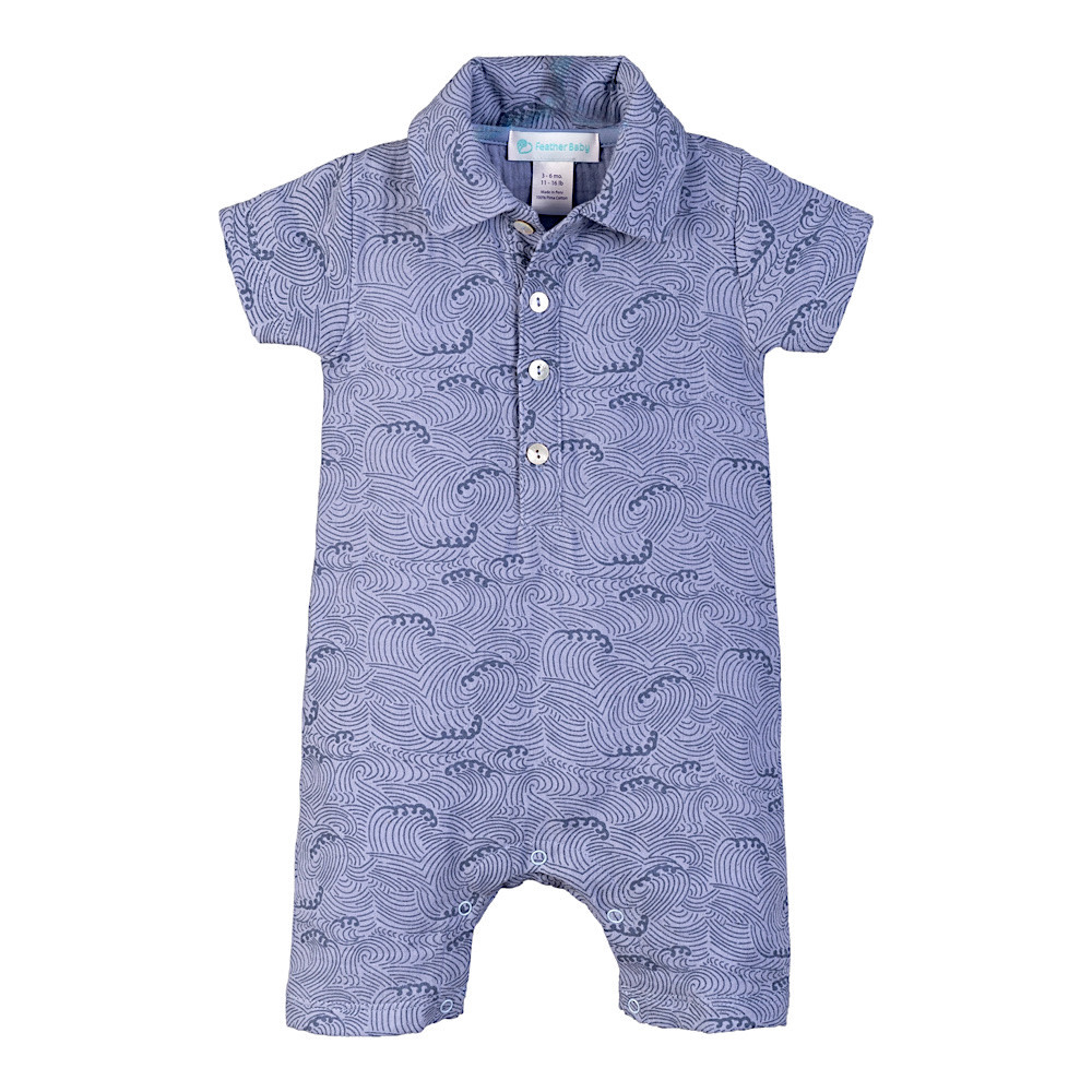 Feather Baby Polo Romper - Stormy Waves On Peri