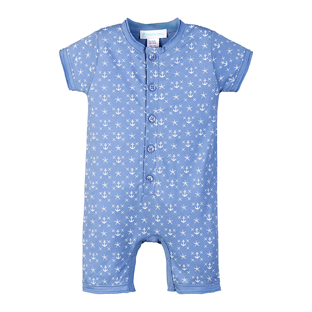 Feather Baby Henley Romper - Anchors & Starfish on Blue