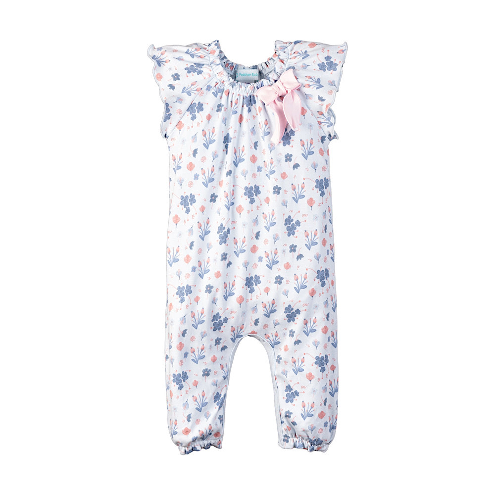 Feather Baby Bow Romper - Emily on Baby Blue
