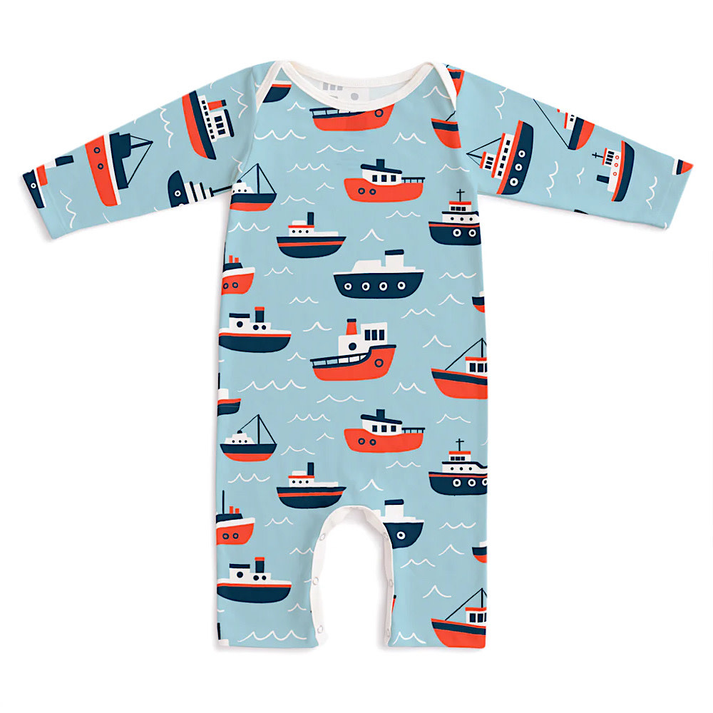 Winter Water Factory Winter Water Factory Long Sleeve Romper - Tugboats Pale Blue