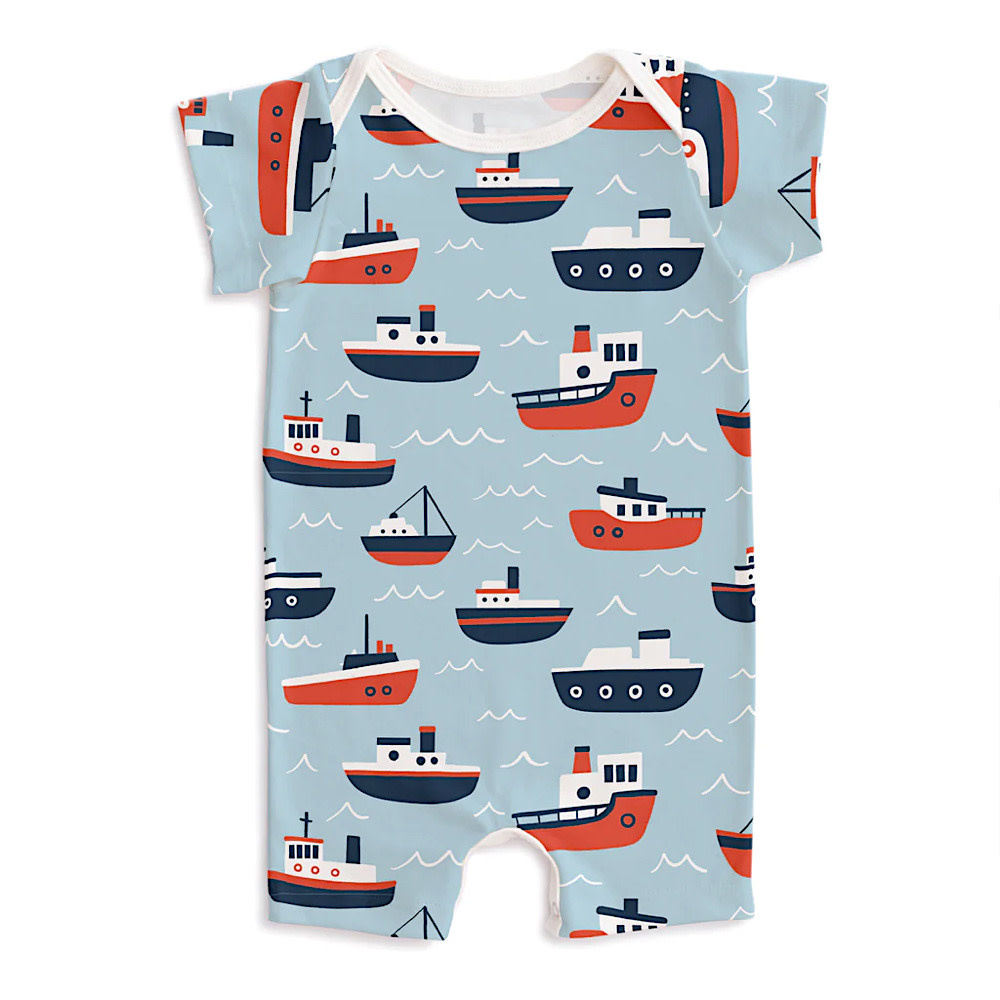 Winter Water Factory Summer Romper - Tugboats Pale Blue