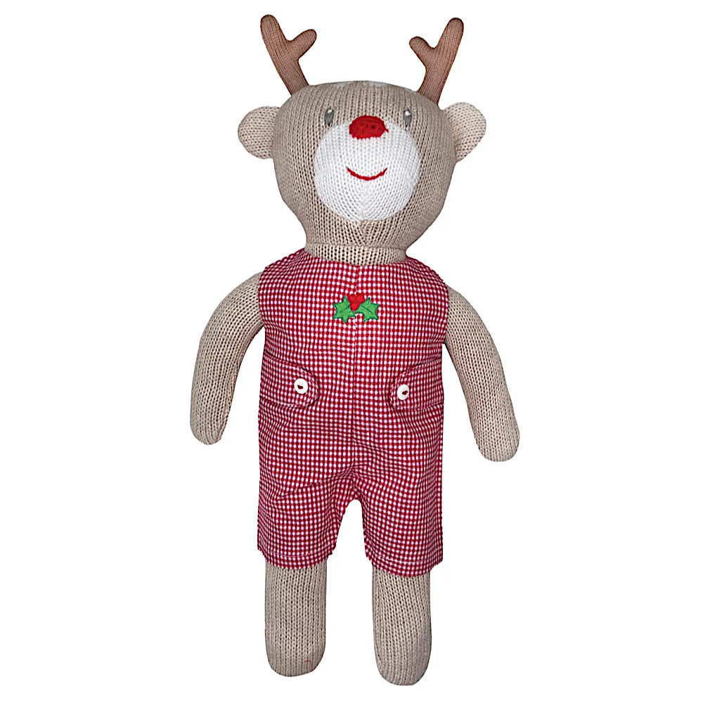 Zubel Knit Reindeer Doll with Red Check Romper - 12 inches